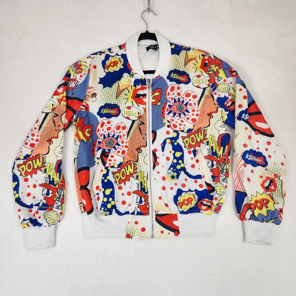 36.5 Pop Art Comic Print Bomber Jacket Womens Medium Full Zip Retro JAS022
